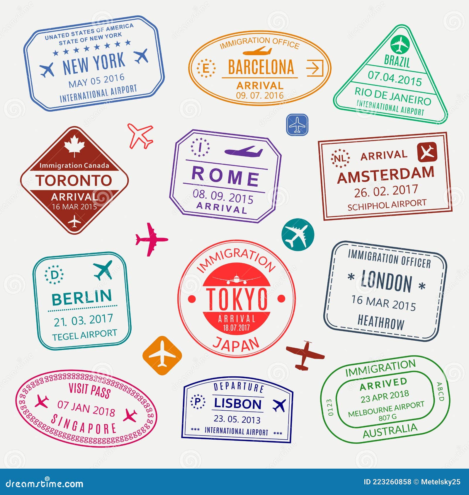 passport stamp set. different countries airport visa stamp. custom control cachet. new york, rome, amsterdam, london, barcelona